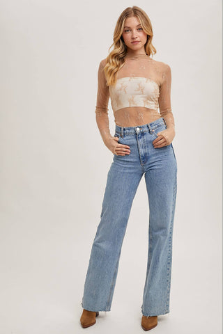 Mila Floral Embroidery Lace Mesh Layering Top | Nude