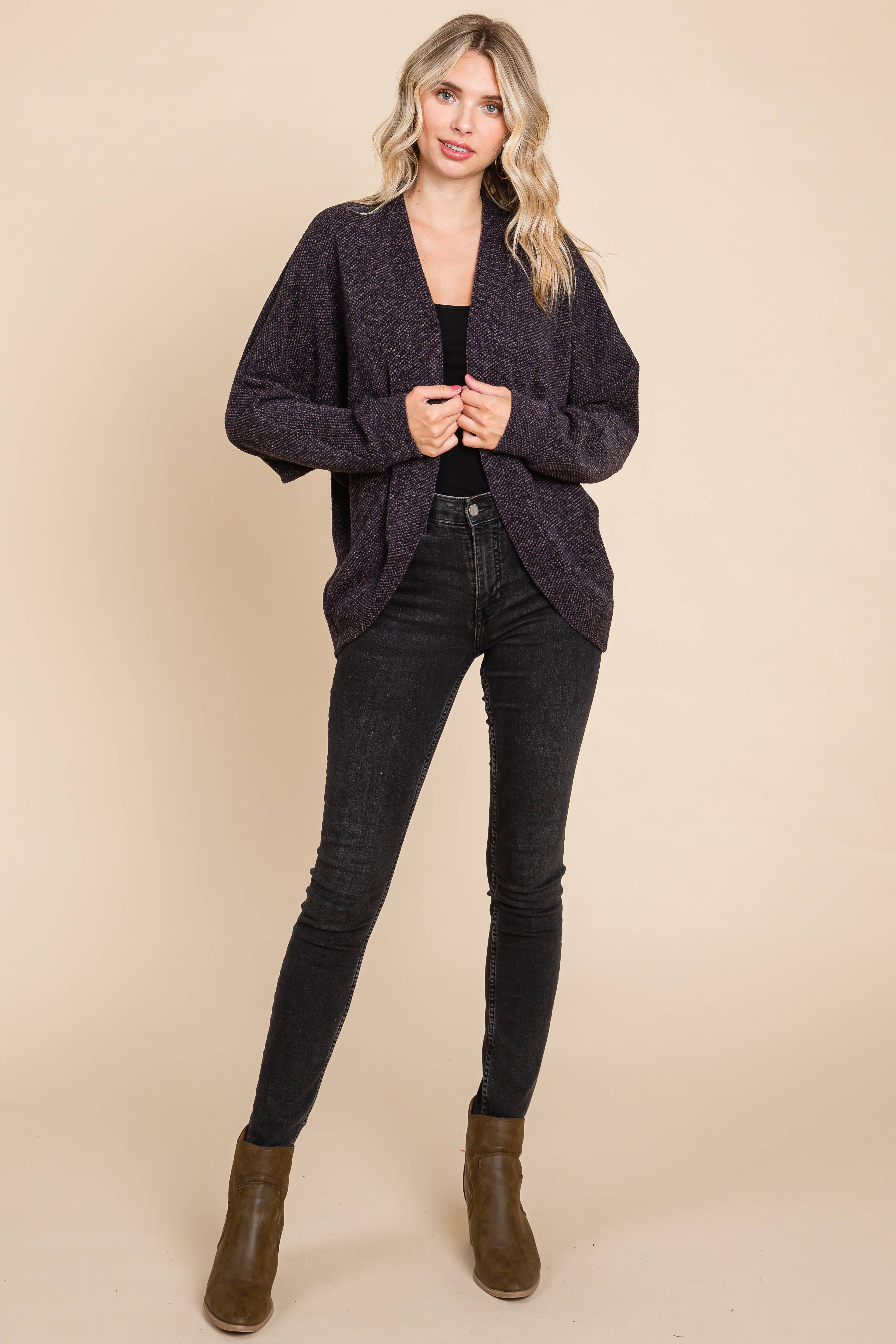 Plus Size Jacquard Knit Open Front Circle Cardigan