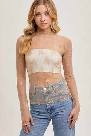 Mila Floral Embroidery Lace Mesh Layering Top | Nude