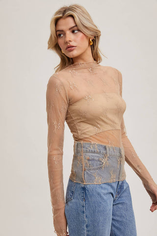 Mila Floral Embroidery Lace Mesh Layering Top | Hazelnut