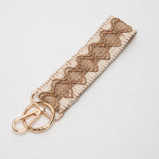 Wave Pattern Straw Wristband/Key Chain | Beige Black