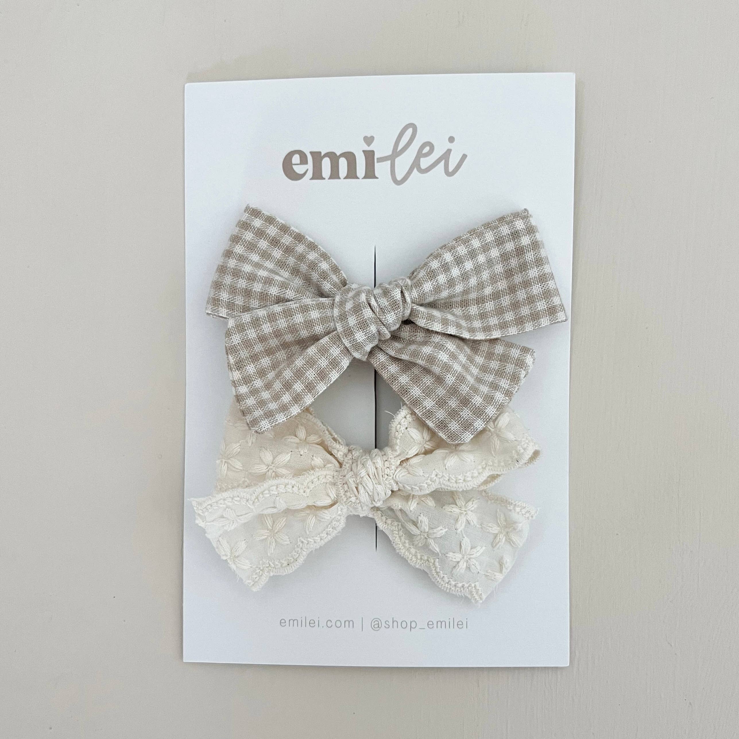 Alligator Clip Bow Set | Taupe Mini Check + Linen Lace