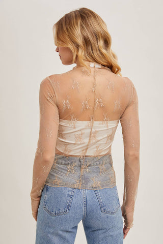 Mila Floral Embroidery Lace Mesh Layering Top | Nude