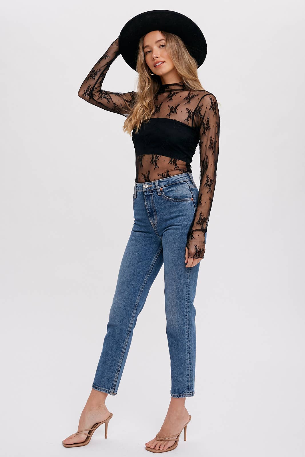 Mila Floral Embroidery Mesh Layering Top | Black