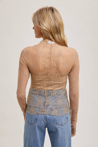 Mila Floral Embroidery Lace Mesh Layering Top | Nude