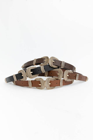 Double Buckle Faux Leather Western Style Belt | Black