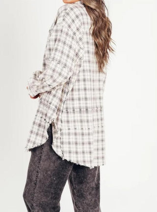 The Randi Raw Hem Oversized Flannel | White (C3)