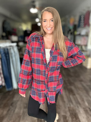The Randi Raw Hem Oversized Flannel | Charcoal (C5)