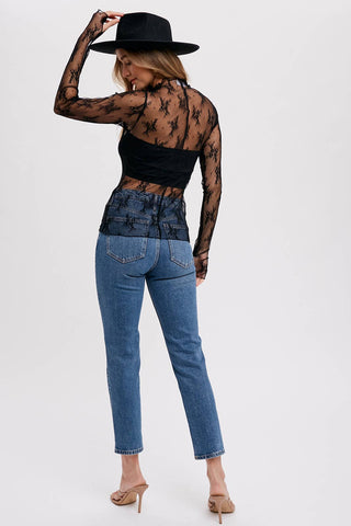 Mila Floral Embroidery Mesh Layering Top | Black