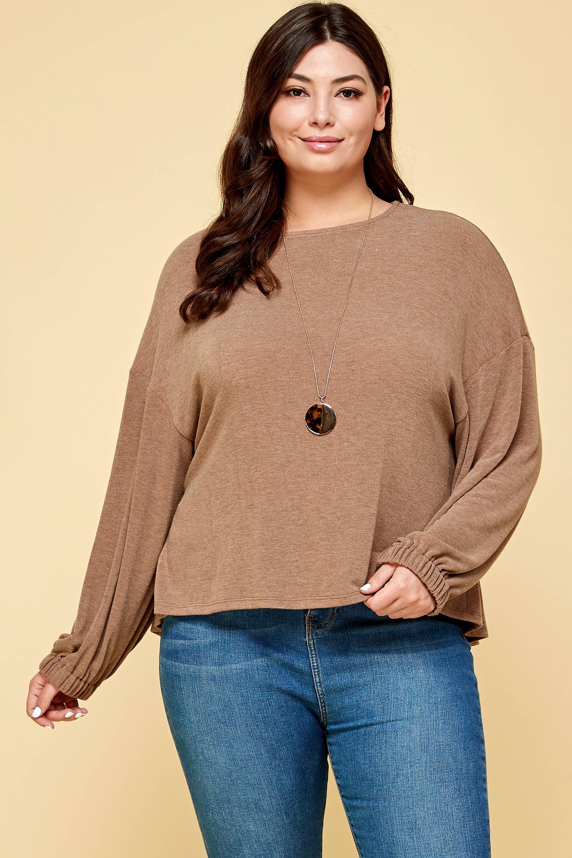 Lesley Plus Size Solid Rouched Back Top | Brown