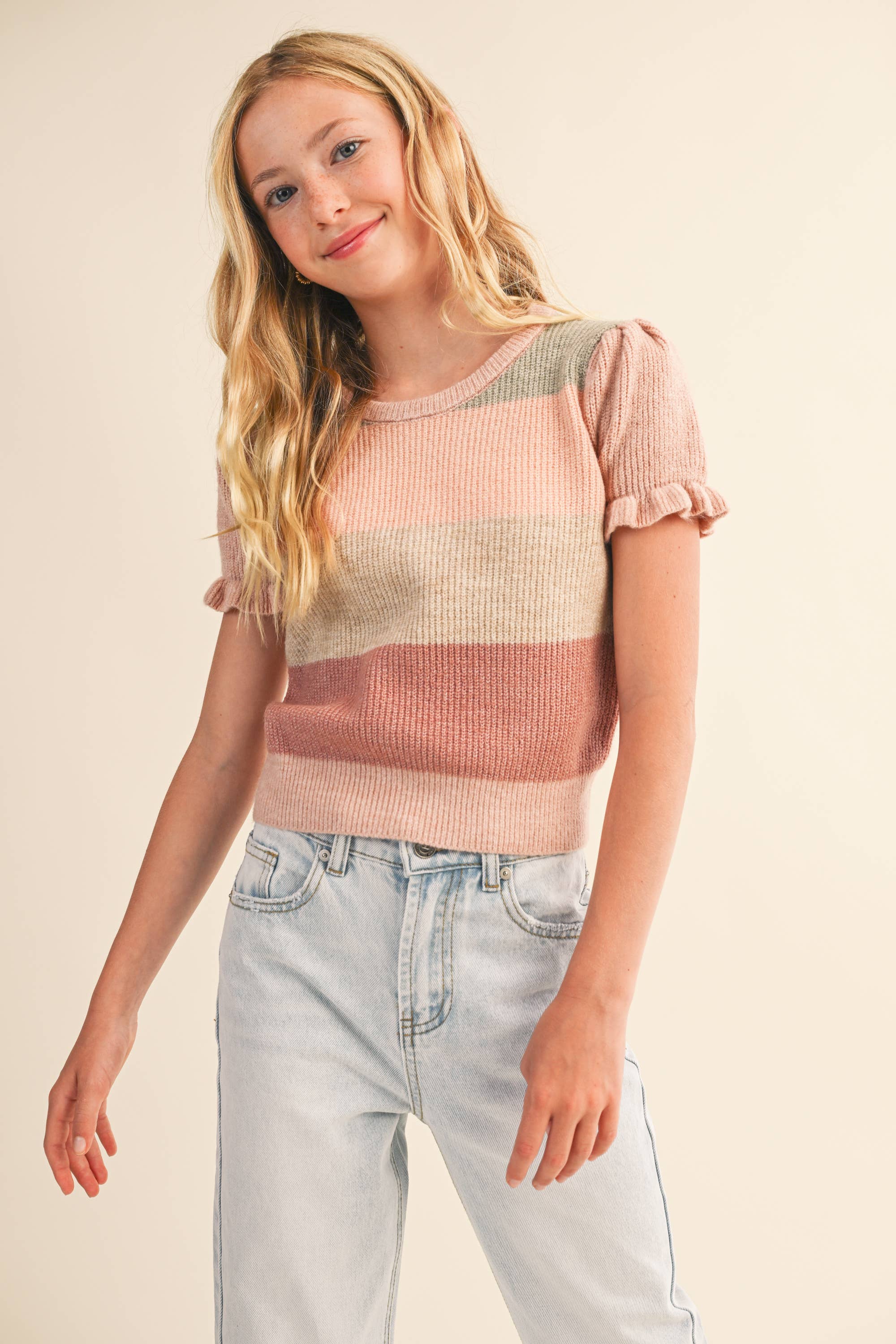 Maeve Tween Striped Puff Sleeve Cropped Sweater
