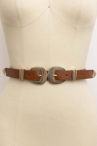 Double Buckle Faux Leather Western Style Belt | Camel