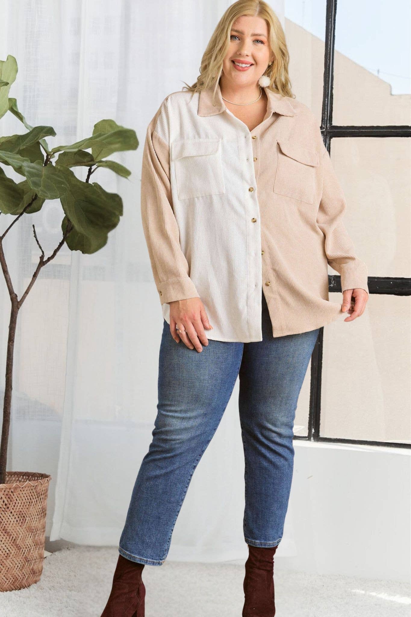 Oakley Plus Size Colorblock Shacket | Olive + White