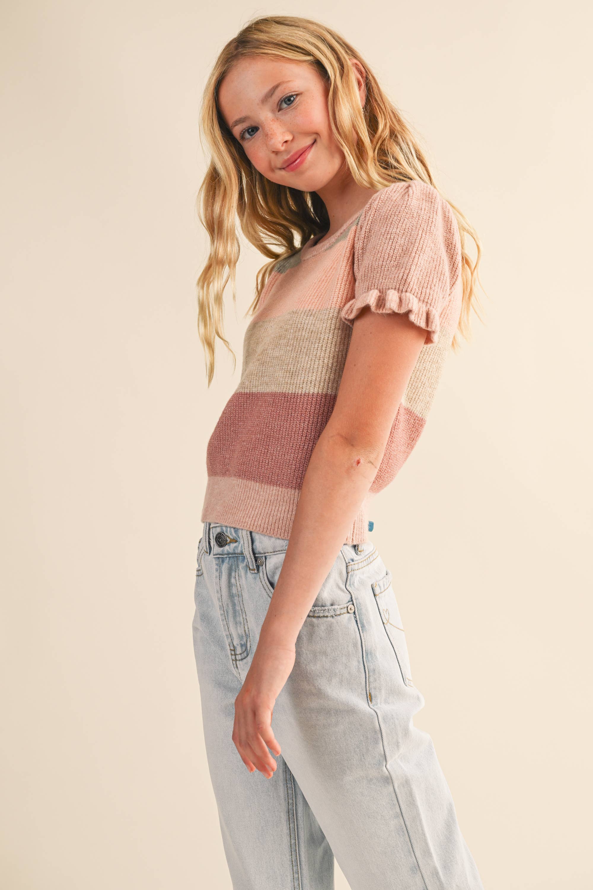 Maeve Tween Striped Puff Sleeve Cropped Sweater
