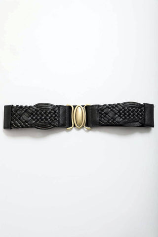 Oval Buckle Braided Elastic Belt | Camel