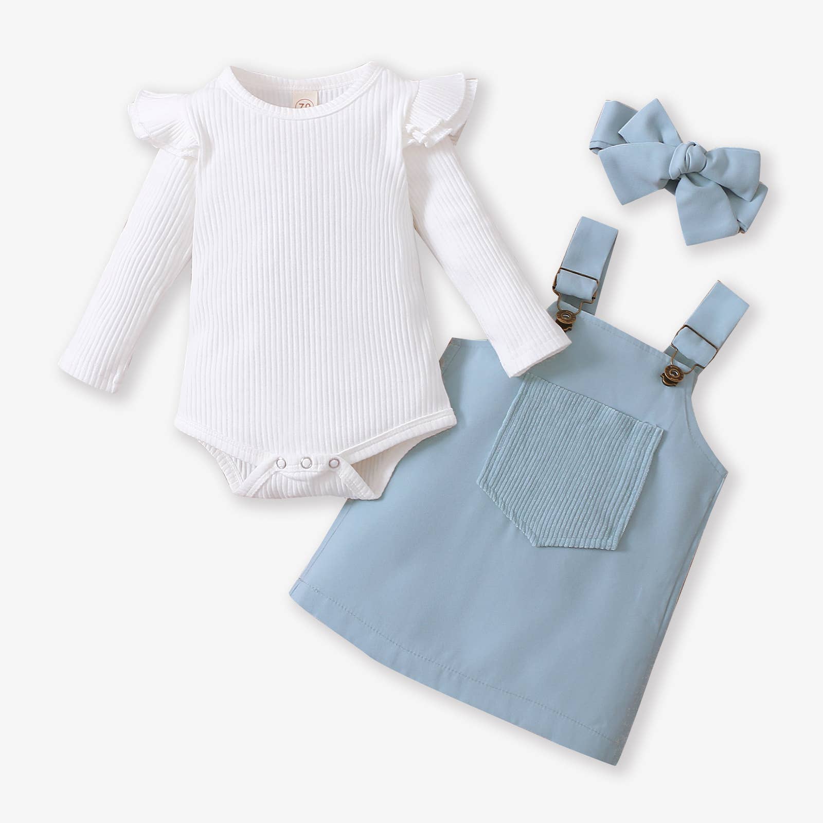 Lennon Ribbed Long-Sleeve Romper and Dress Set | Light Blue