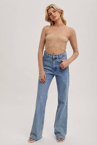 Mila Floral Embroidery Lace Mesh Layering Top | Nude