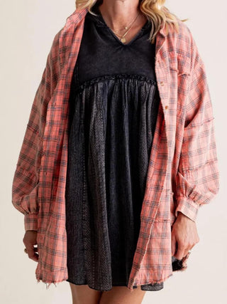 The Randi Raw Hem Oversized Flannel | Charcoal (C5)