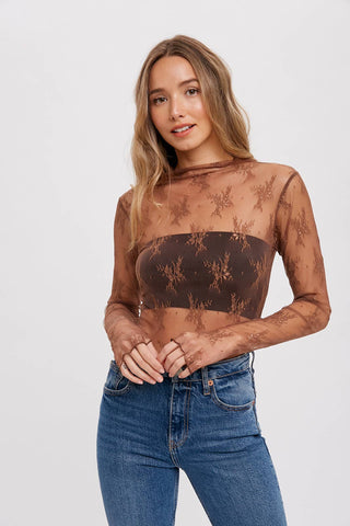 Mila Floral Embroidery Mesh Layering Top | Black