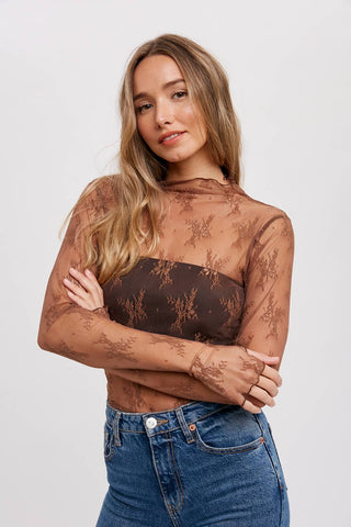 Mila Floral Embroidery Lace Mesh Layering Top | Nude