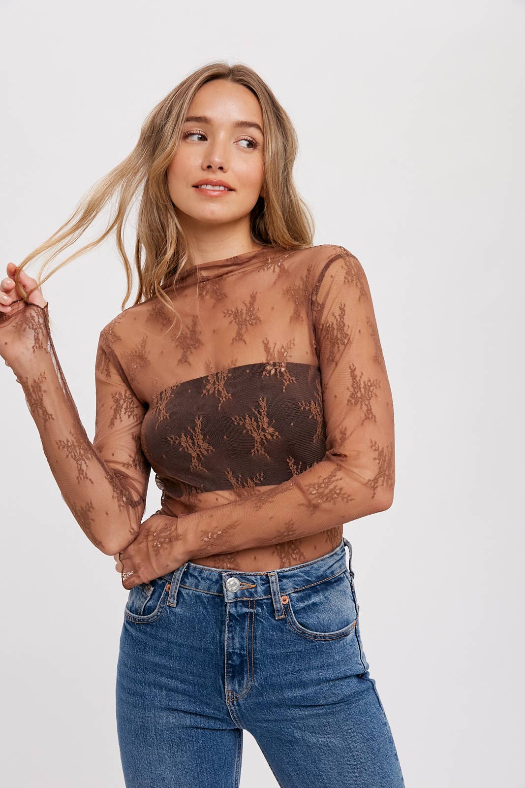 Mila Floral Embroidery Lace Mesh Layering Top | Hazelnut