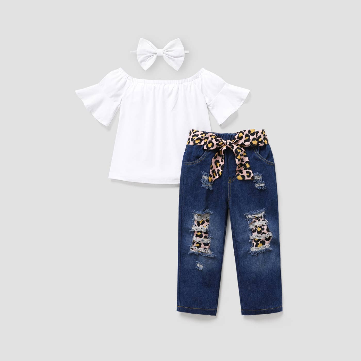 Fiona Flutter-Sleeve Top, Jeans + Bow Set | Leopard + White