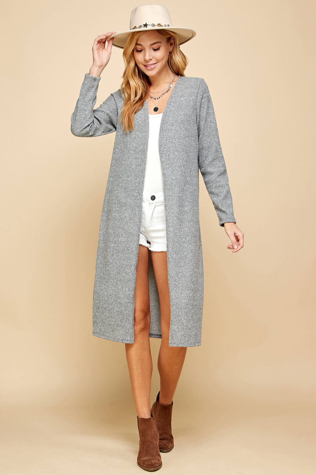 Jane Two-Tone Ribbed Longline Cardigan | Oat + Gray