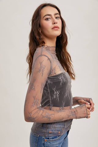 Mila Floral Embroidery Lace Mesh Layering Top | Hazelnut