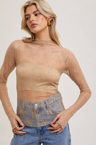 Mila Floral Embroidery Lace Mesh Layering Top | Nude