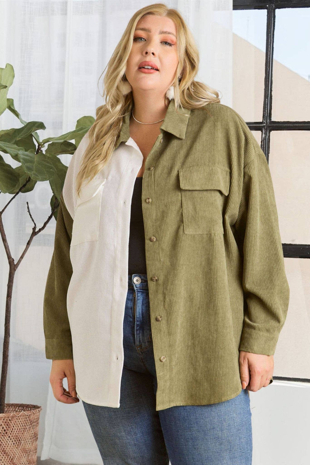 Oakley Plus Size Colorblock Shacket | Olive + White