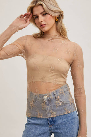 Mila Floral Embroidery Lace Mesh Layering Top | Hazelnut