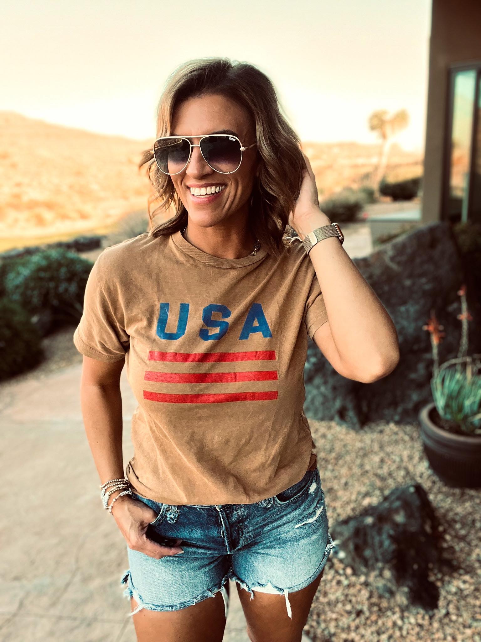 USA Striped Tee | Camel